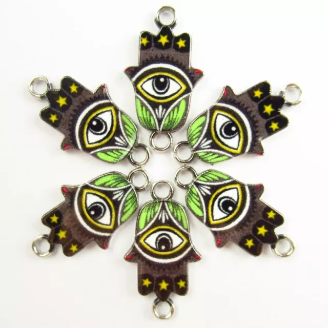 6Pcs Green Black Enamel Tibetan Silver Evil Eye Hand Pendant Bead PJ2917