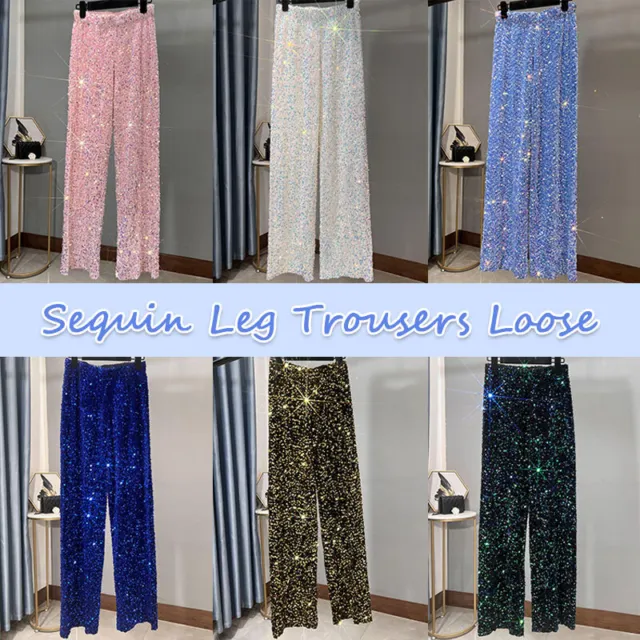 Women Sequin Velvet Pants Elastic Waist Wide Leg Trousers Loose Straight Pants