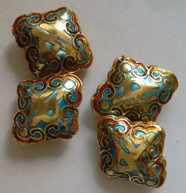 4 Ornate Diamond-shaped Cloisonne Character Beads,Blue/Gold/Amber 17 x 20 mm 2