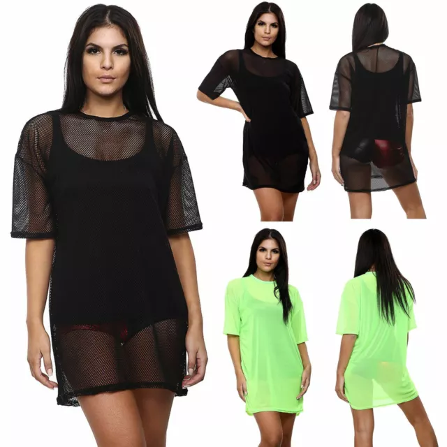 Womens Mesh Oversized T-Shirt Ladies Fishnet Sheer Dress Longline Top Mini Dress