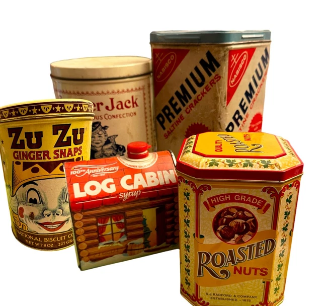 vintage PANTRY GROCERY TIN lot 5 pieces Saltines Zu ZU Ginger Snaps Log Cabin