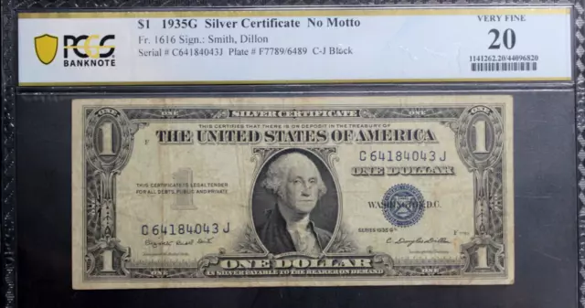 1935 G $1 Silver Certificate No Motto Note Fr 1616 Cj Block Pcgs 20 Very Fine