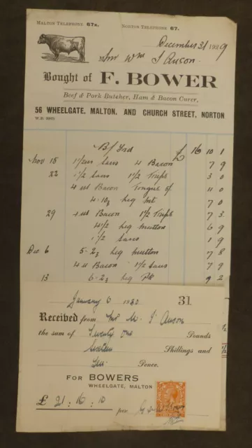 1929, Billhead, Malton, North Yorkshire (Bower's - Rind- & Schweinefleischmetzger)