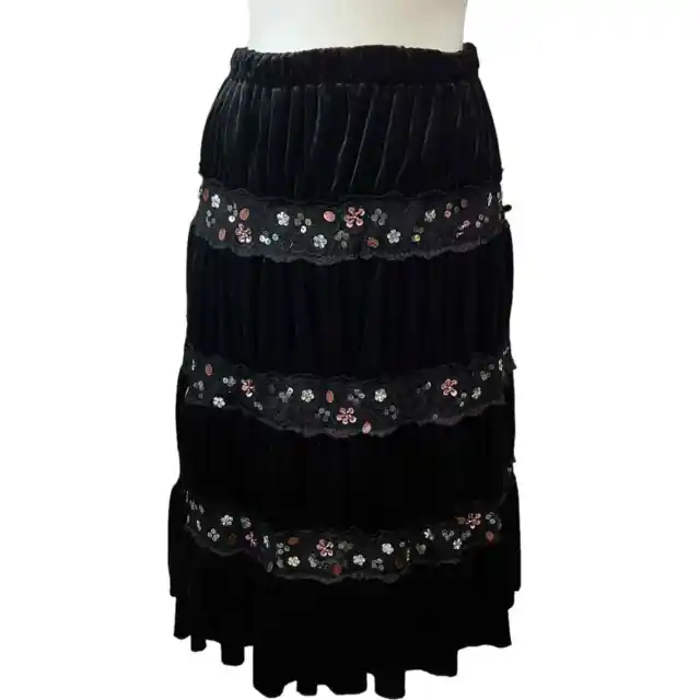 Lapis Women's M Black Tiered Sequin Folk Lace Velvet Midi Skirt Gypsy Goth