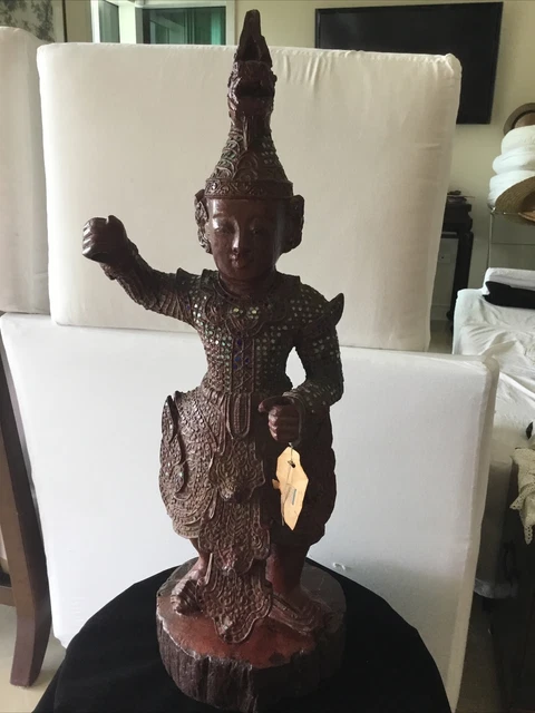 Vintage Thai-Burmese Artisan Wood Carving Of a Dancer.