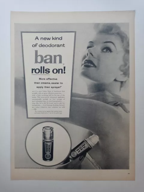1950's BAN Roll On Women's Deodorant Black White Vintage Print Ad