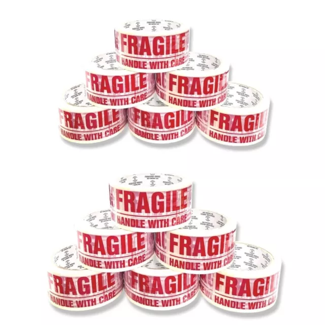 12 x STRONG FRAGILE TAPE BUFF PARCEL PACKING TAPE 48MM X 66M BOX SEALING ROLLS