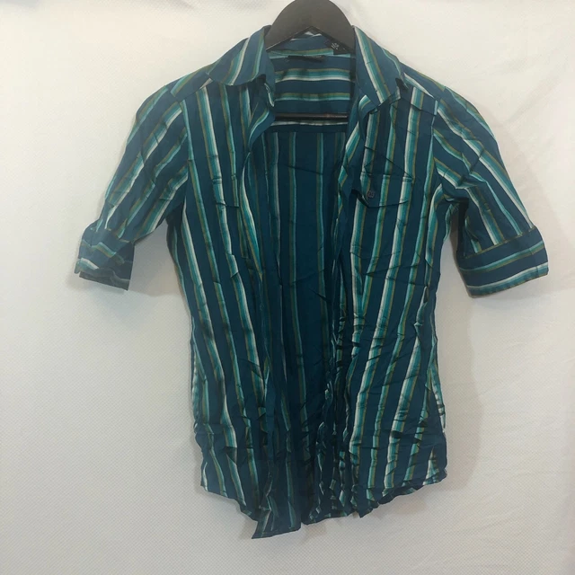 Vintage Damen Boho Bluse Shirt Oberteil Größe 8 Baumwolle blau gestreift Damen Smart