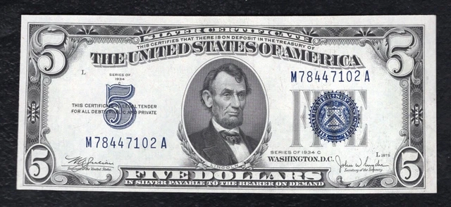 1934-C $5 Five Dollars Silver Certificate Currency Note Choice Uncirculated