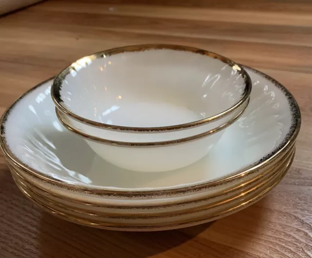 6 Anchor Hocking Fire King Milk Glass Bowls Swirl Pattern Gold Rim, mid century