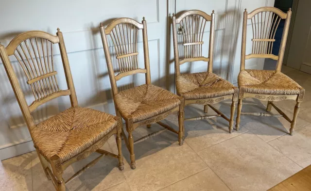 Set of 4 Ornate French Carved Rush Seated Chairs