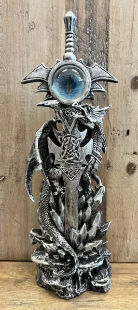 Dragon With Sword Silver Resin Statue 13" x 4.5"