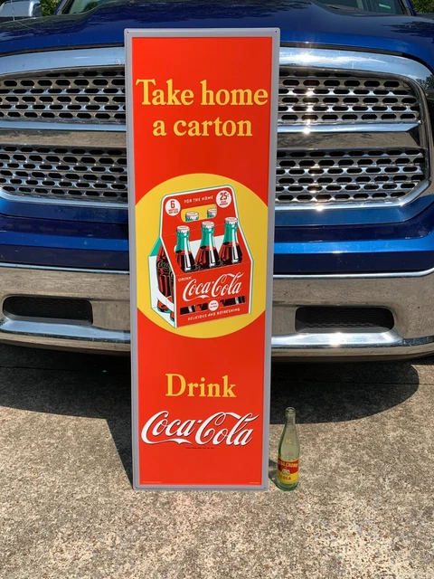 "COCA COLA W/ SIX PACK " LARGE EMBOSSED METAL ADVERTISING SIGN (48"x 15") NICE