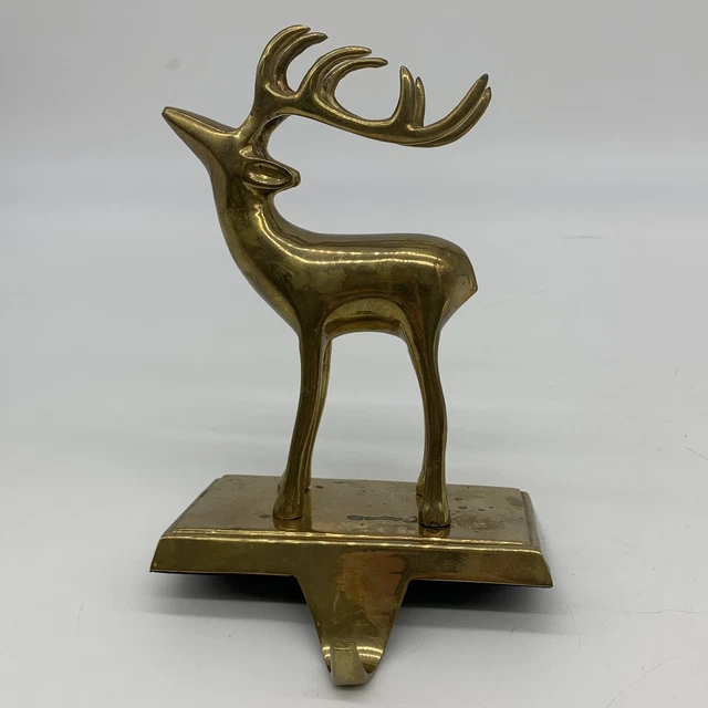 VTG 1980s Pottery Barn Solid Brass Christmas Reindeer 7" Stocking Holder / Hook