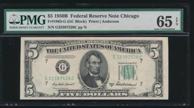 AC 1950B $5 Chicago FRN PMG 65 EPQ Fr 1963-G G-C block gem uncirculated