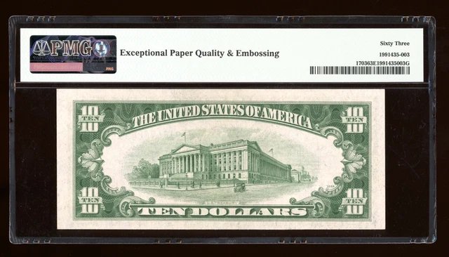 DBR 1934-B $10 Silver Vinson Fr. 1703 PMG 63 EPQ Serial B16470849A 2