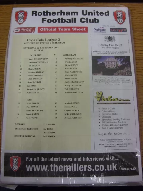 22/12/2007 Colour Teamsheet: Rotherham United v Wrexham. Thanks for viewing this
