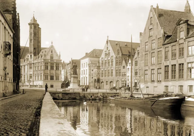 Tirage photo ancienne XIXe Ville de Bruges Brugge Place Jan Van Eyck 10x15cm