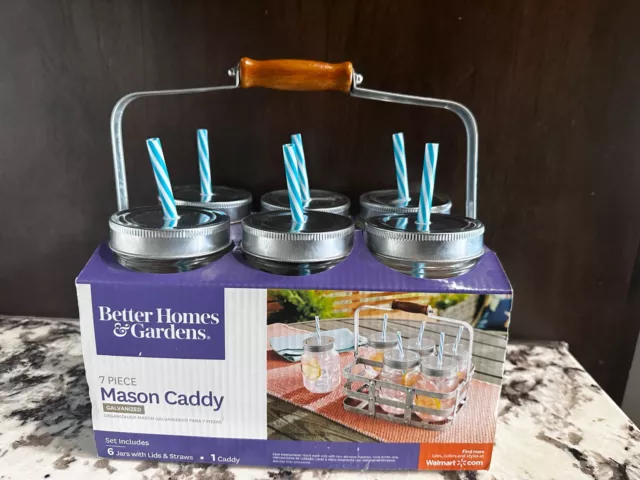 Mason Jars with Lids, Straws and Caddy: NEW Better Homes & Gardens 7 piece set