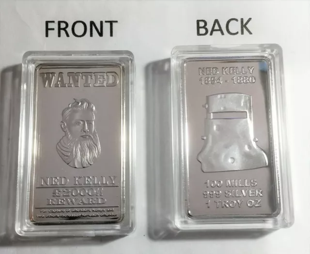 Ned Kelly "WANTED" 1 Troy OZ Ingot Finished in 999 Fine Silver, Gift, Outlaw