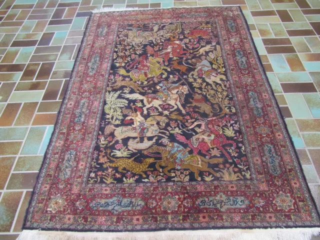 Alter Handgeknüpfter Perser Orientteppich GHOM Jagdszene Carpet Rug 188x123cm