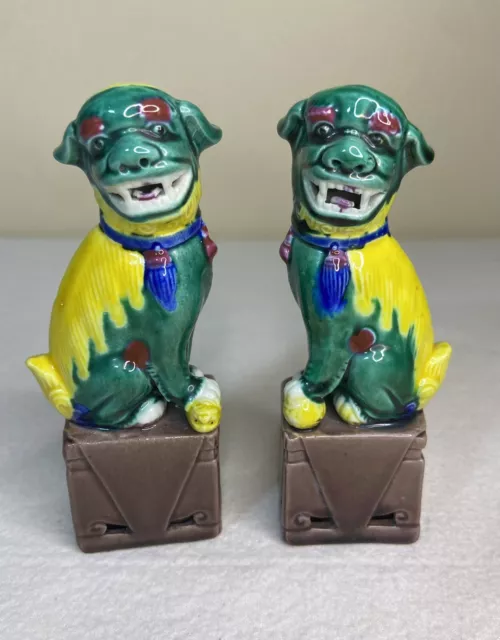 Chinese Porcelain Foo Dog Pair Majolica 5" Green Yellow Unmarked