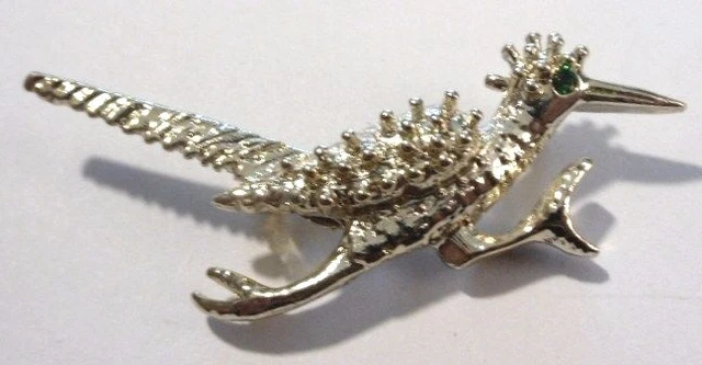Broche Rétro Oiseau - Cristal Vert émeraude Sur Métal Argenté - Bijou Fantaisie Femme - Occasion Très Bon état