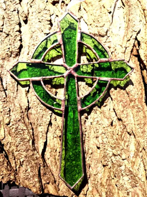 TRANSLUCENT GREEN Authentic Stained Glass CELTIC CROSS Christmas Suncatcher Gift