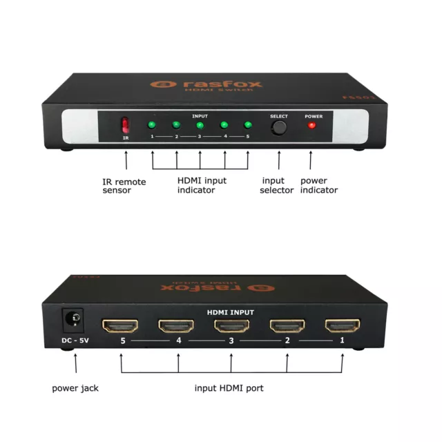 Interruptor HDMI 5 puertos Rasfox 5x1 Selector Divisor 4K UHD 1080P 3D + Remoto 2