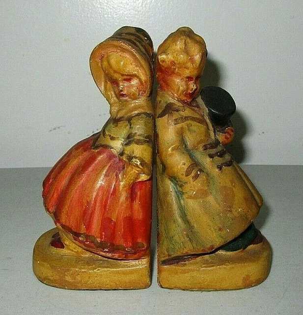 VINTAGE ANTIQUE CERAMIC Book Ends Boy Girl Bonnet Top Hat $19.99 - PicClick