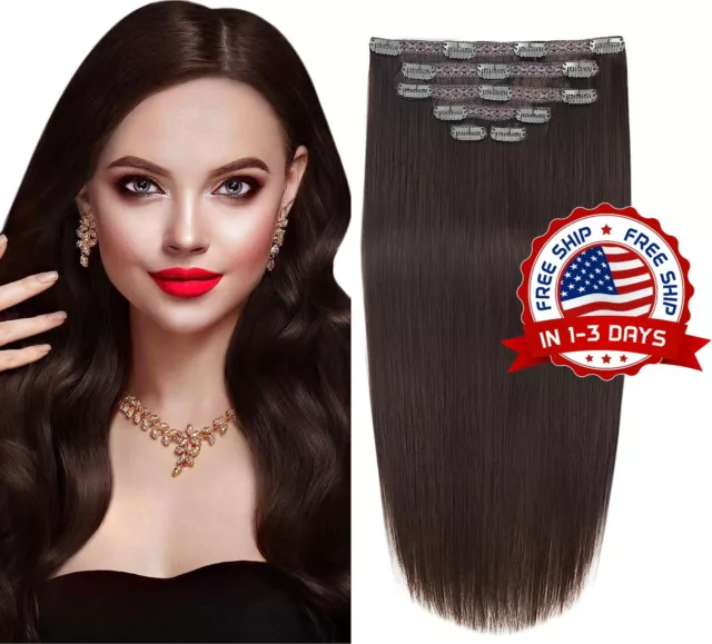 Extensiones De Cabello100% Humano Natural Marron Oscuro 14¨ Remy Clip 6PiezasNEW