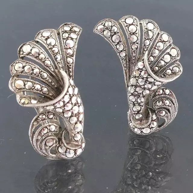 Pair of Art Deco Sterling 925 SILVER 104 MARCASITE CLIP-ON EARRINGS or Collar