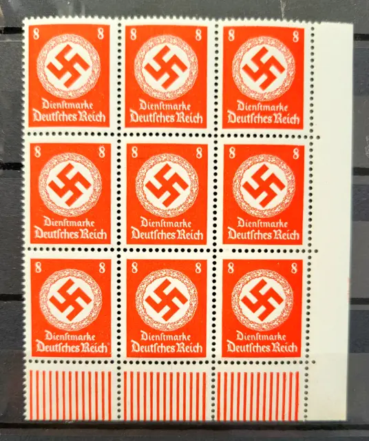 ww2 '42 German genuine block of 9 stamps with marg. Officials 8 pf swastika MNH