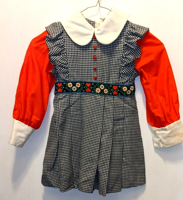 Vtg 70s Dress Dorissa Girls Size 5 Apron gingham heart buttons embroidered