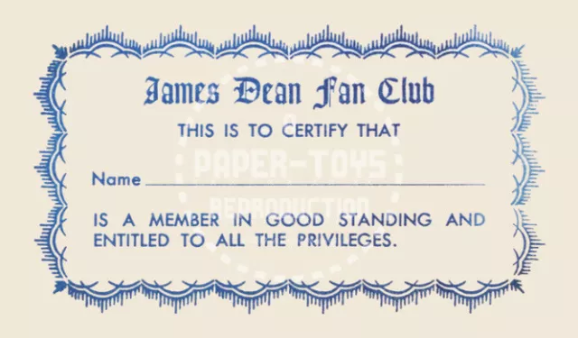 James Dean Fan Club Membership Card - Vintage Reprint