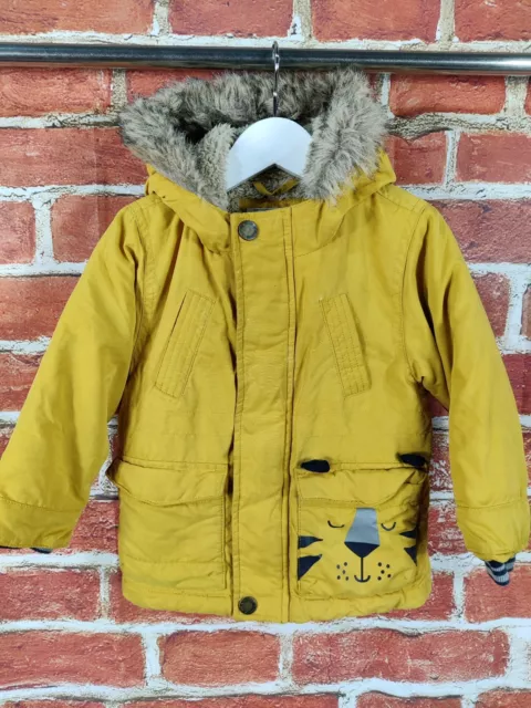 Baby Boy Next Coat Age 18-24 Months Yellow Padded Parka Fur Trim Jacket 92Cm