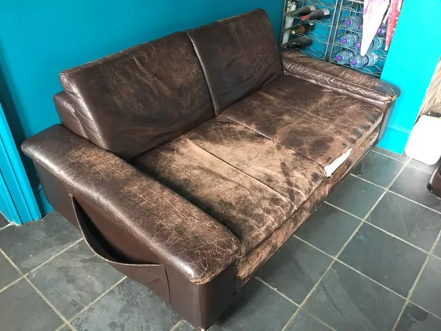 Vintage Leather Two Seater Sofa Brown Danish Mid Century For Restoration Retro