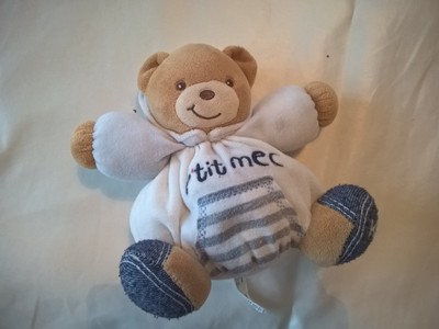 Kaloo Peluche Doudou Kaloo Boule 2012 p'tit mec Bleu jean Blanc Brodé Ours Capuche 