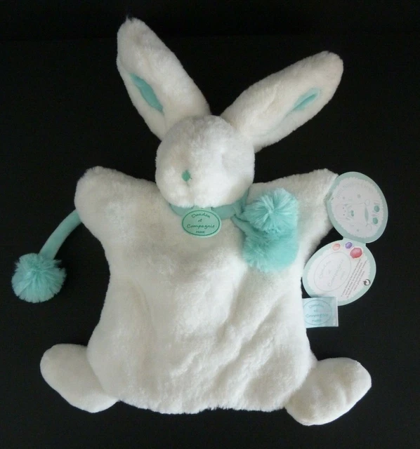 E2. Doudou Et Compagnie Marionnette Lapin Pompon Blanc Bleu / Vert  100% Neuf
