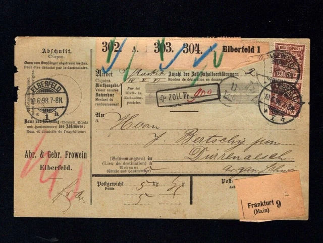 Dt. Reich 1898 - Paketkarte  mit 20, 50 Pfg. Paare mit Perfin   (a895)