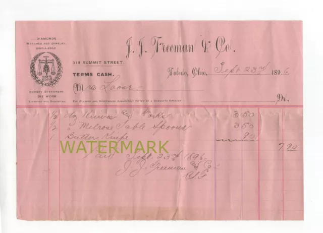 1896 Receipt J.J. Freeman Toledo OH Diamonds Watches Letterhead Melrose Spoons