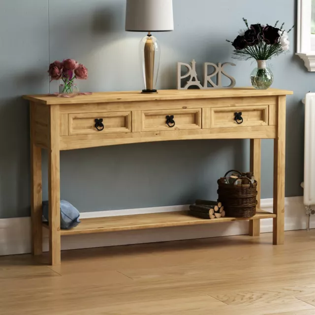 Corona 3 Drawer Console Table With Shelf Mexican Solid Waxed Pine End Hallway