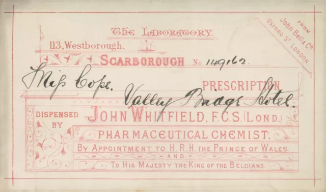 Antique Prescription Envelope John Whitfield Chemist The laboratory Scarborough