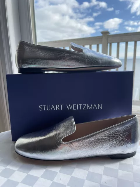 Stuart Weitzman Women's MYGUY Silver Venetian Loafer Flats Size 8.5M Brand New!