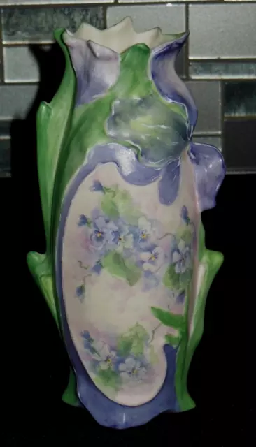 Hand Paintedpink Iris Scalloped Shape Vase Lavender Pansy Flowers Signed Gardner