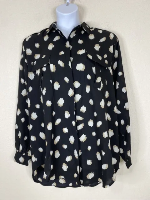 Boohoo Women Plus Size 18 (1X) Black Abstract Pocket Button Up Shirt Long Sleeve