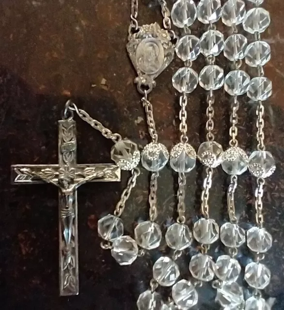 Cuentas de vidrio transparente vintage católico de plata esterlina pesado pater