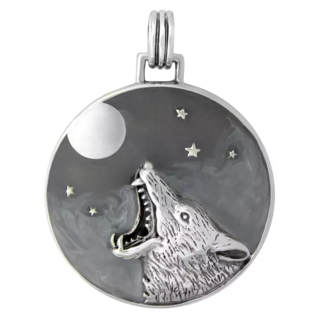 Large Sterling Silver Howling Wolf Pendant with Enamel Accents Werewolf Jewelry