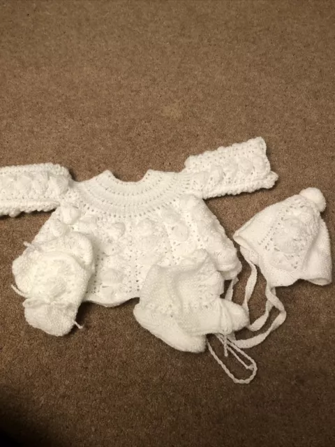 Hand knitted White Matinee Coat ,Bonnet,Bootees , and Mitts..size 0/3Months 2