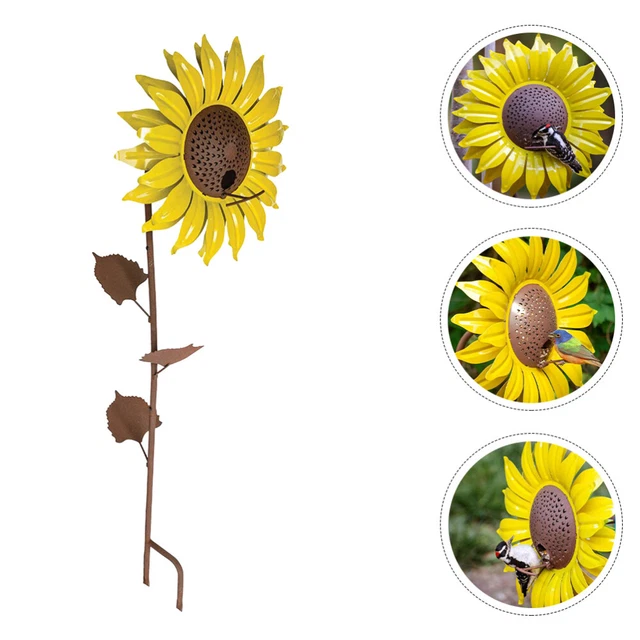 Metal Sunflower Garden Stake Bird Feeder Tray Flowers and Birds